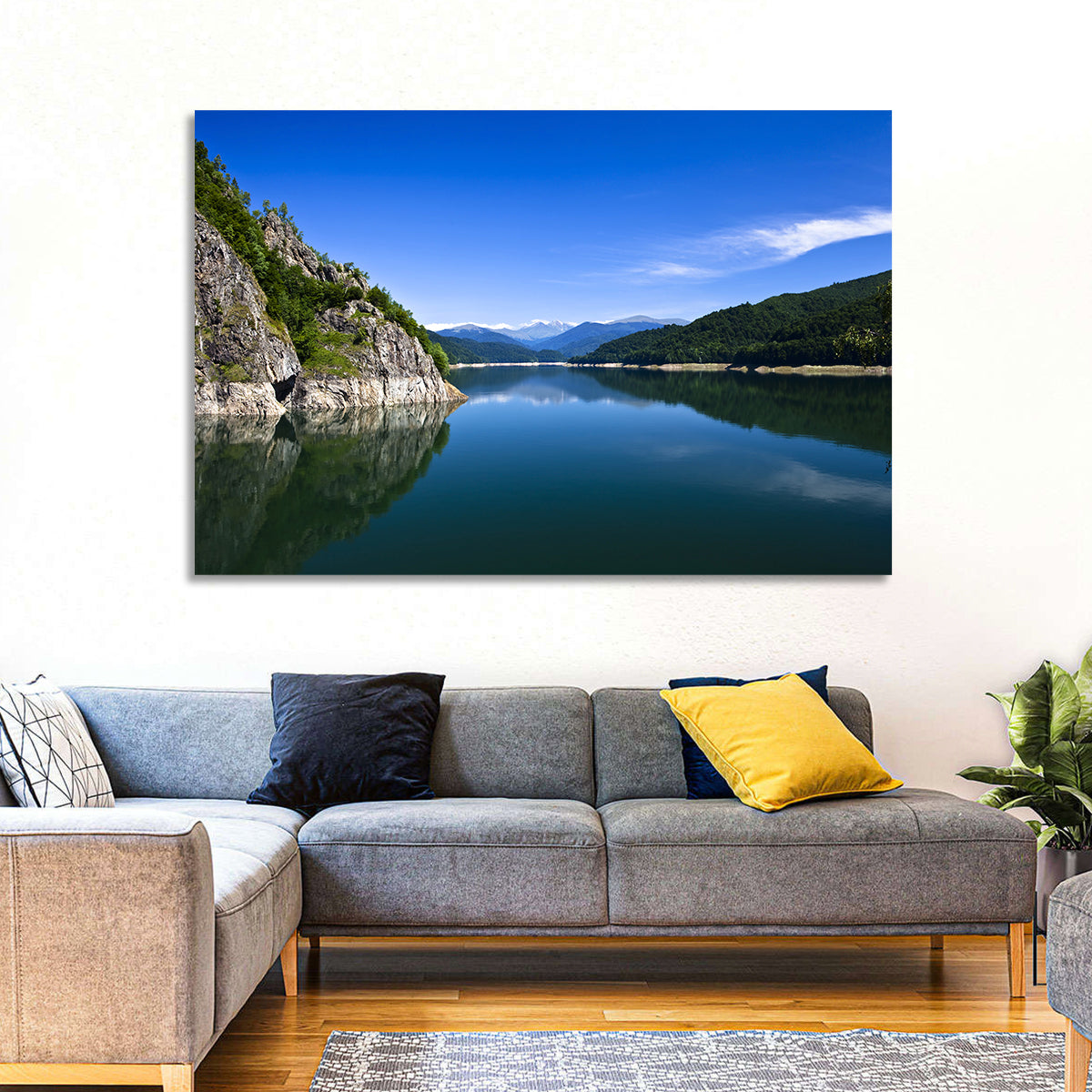 Calm Mountain Lake Reflection Wall Art in a room, landscape