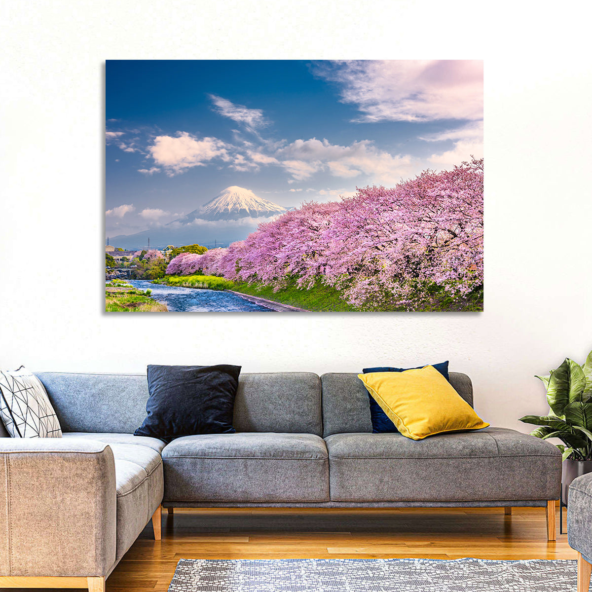 Mount Fuji Cherry Blossoms Wall Art in a room, landscape