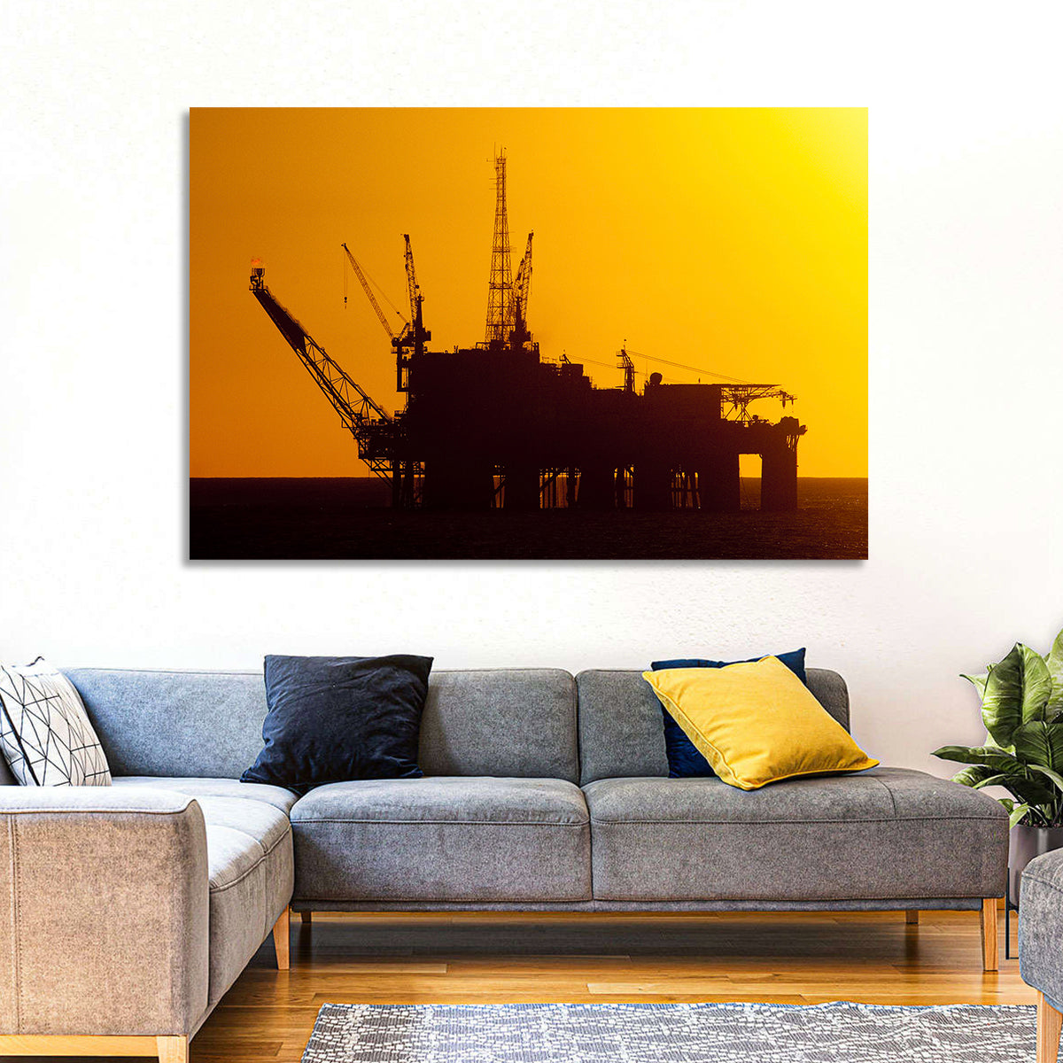 Oil Rig Silhouette at Sunset Wall Art in a room, landscape