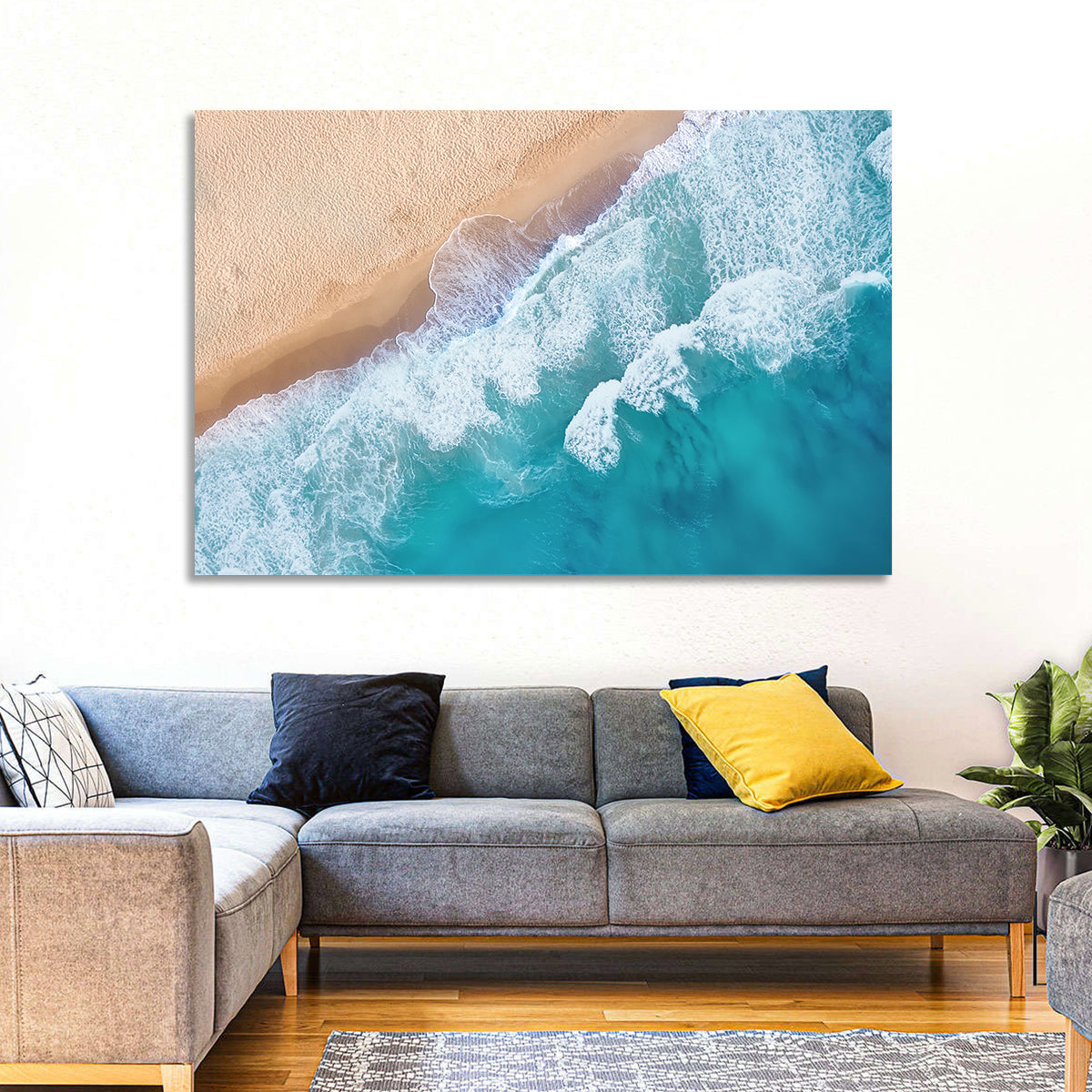 Aerial Turquoise Beach Waves Wall Art in a room, landscape
