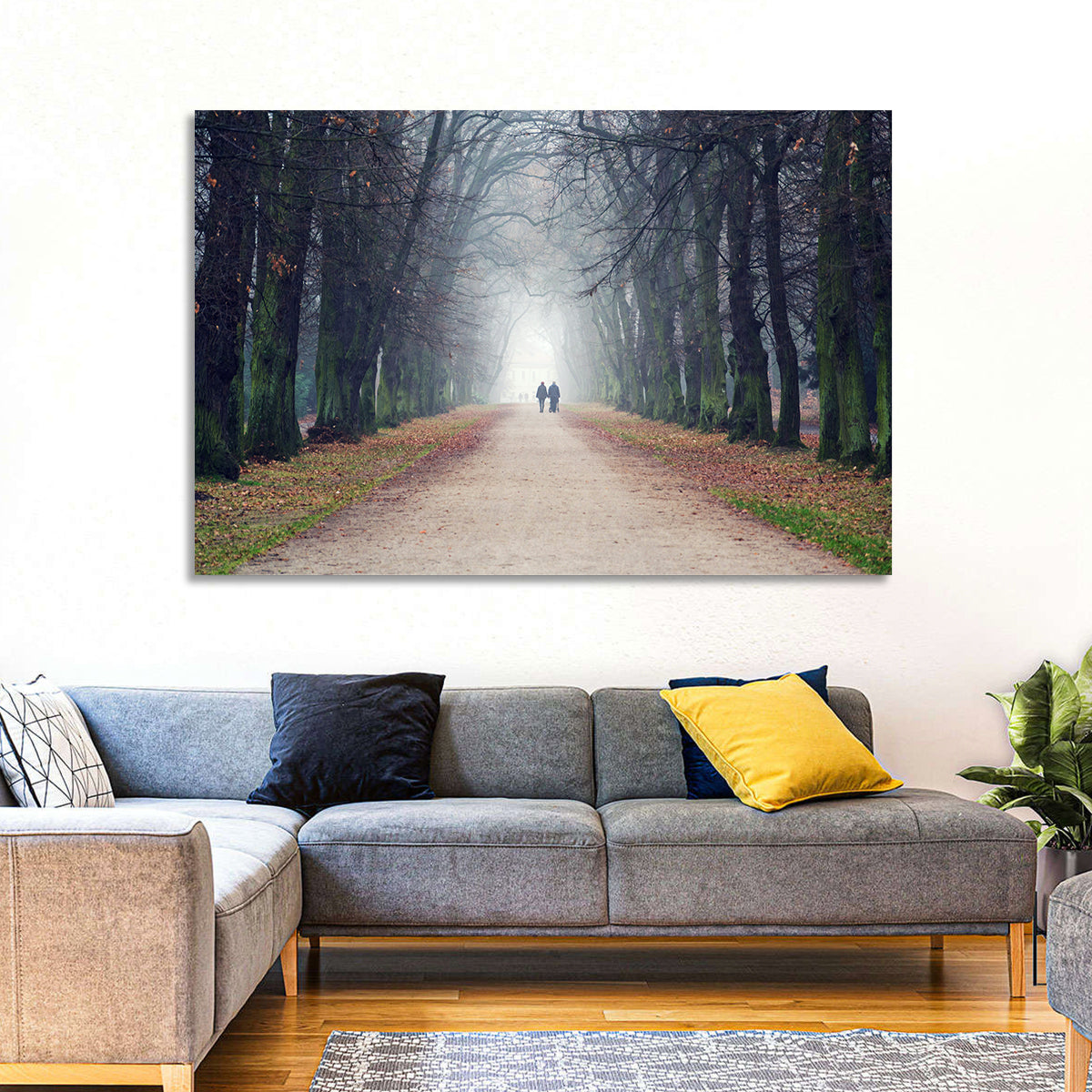 Foggy Tree Lined Walkway in Autumn Wall Art in a room, landscape