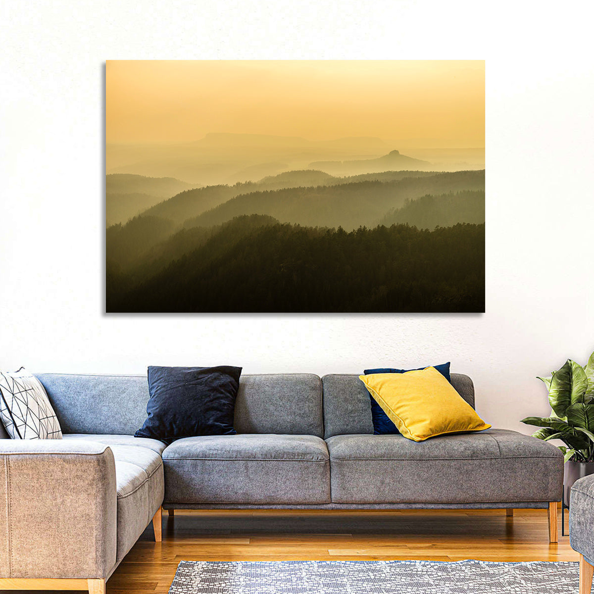 Misty Golden Ridge Landscape Wall Art in a room, landscape