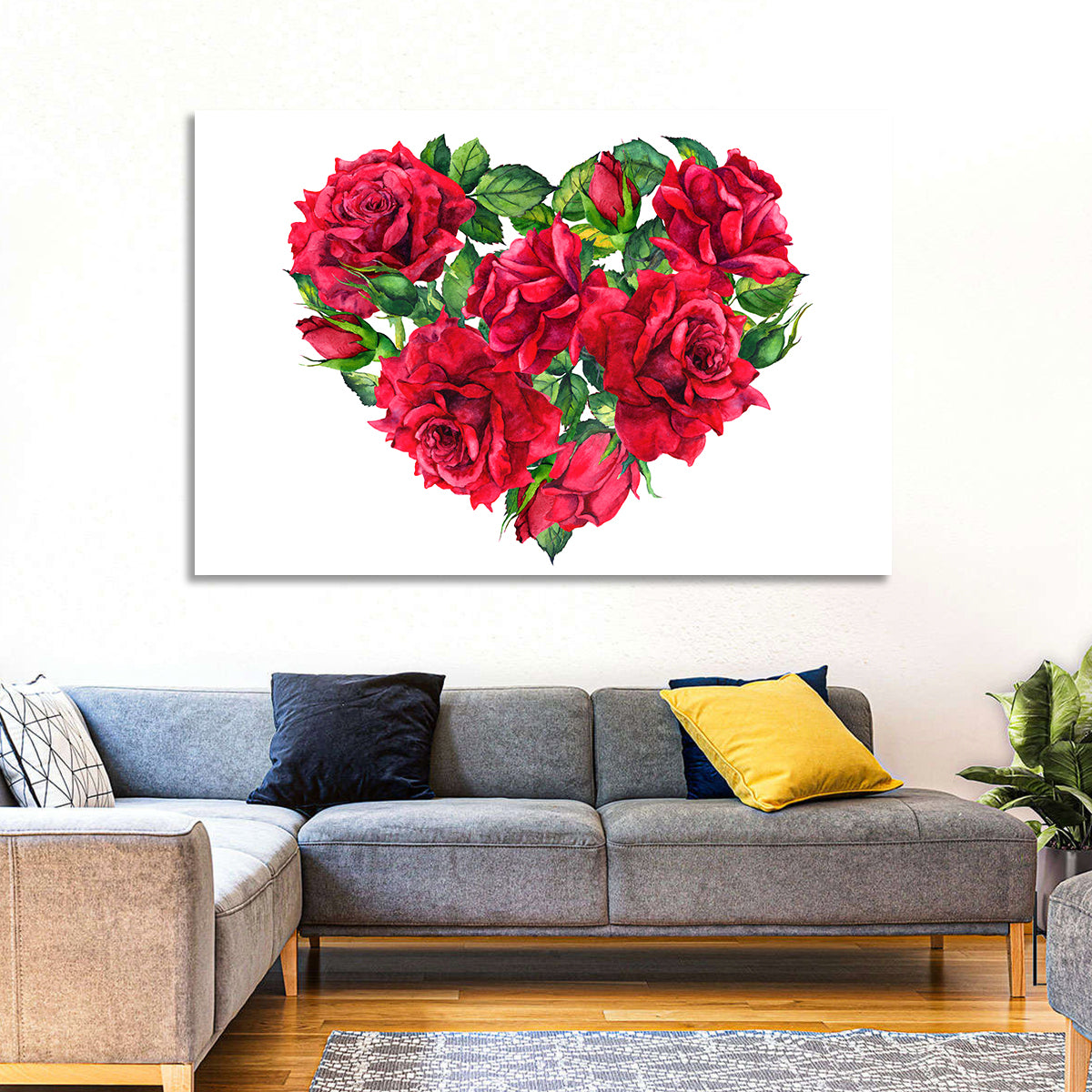 Watercolor Rose Heart Wall Art in a room, landscape
