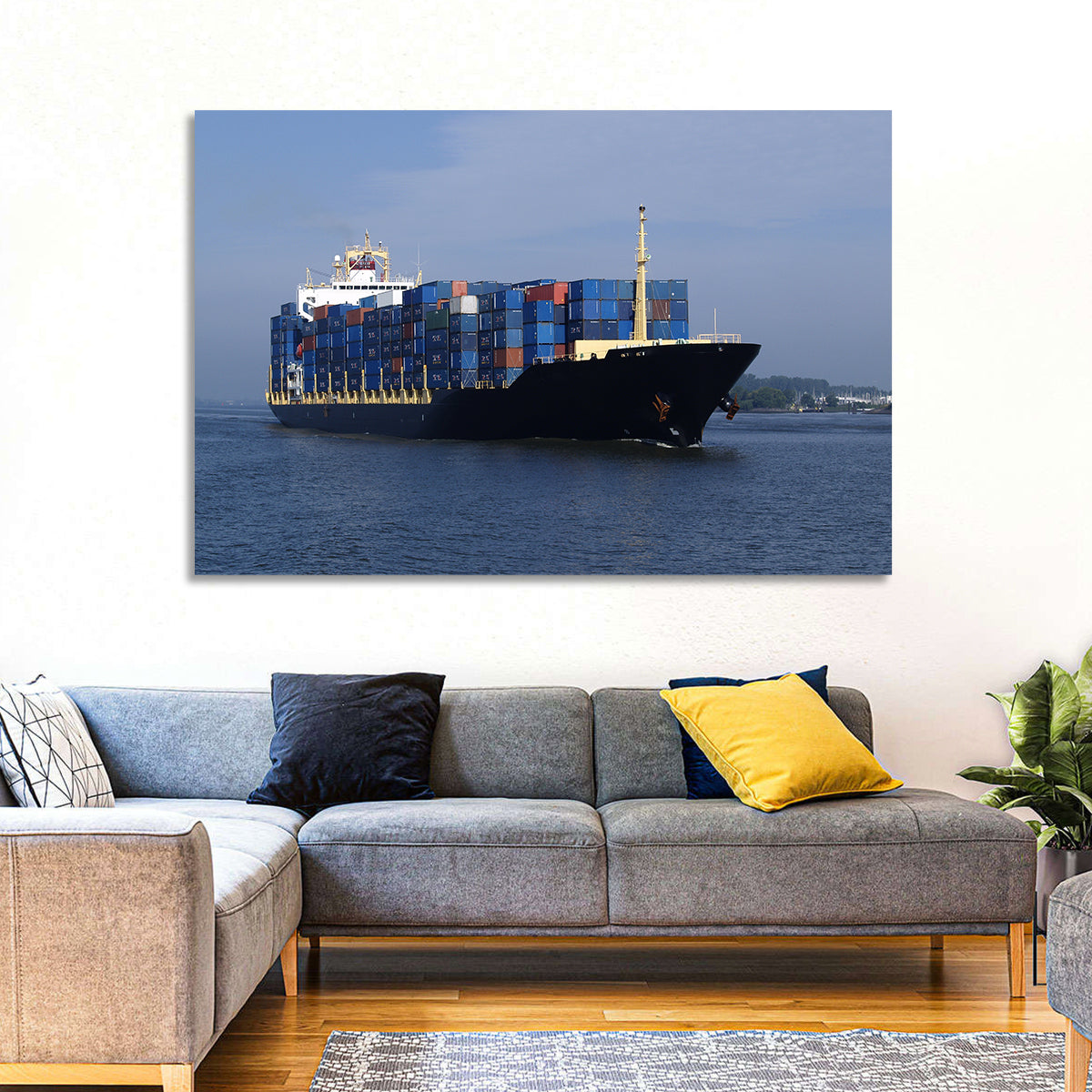 Container Ship in Motion Wall Art in a room, landscape