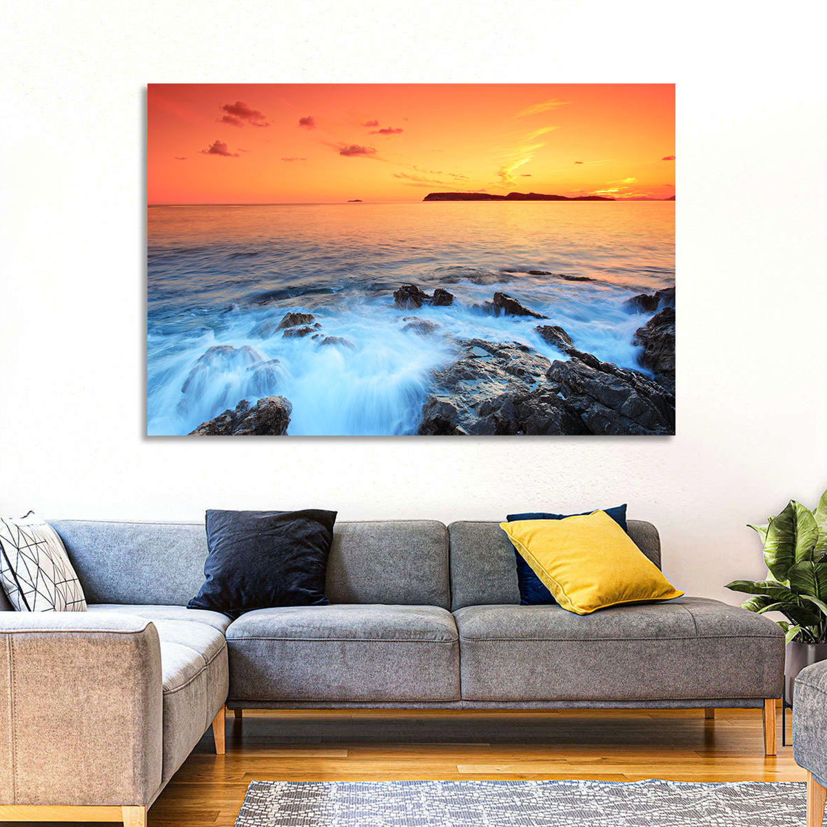 Dubrovnik Sunset Over Rocky Shore Wall Art in a room, landscape