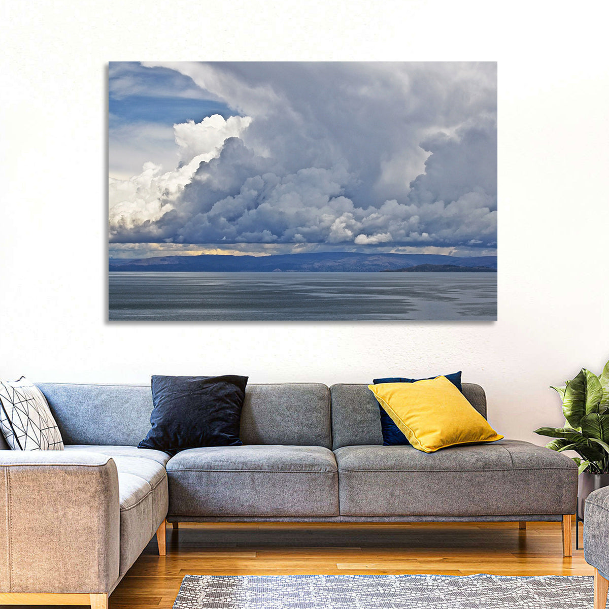 Lake Titicaca Moody Cloudscape Wall Art in a room, landscape