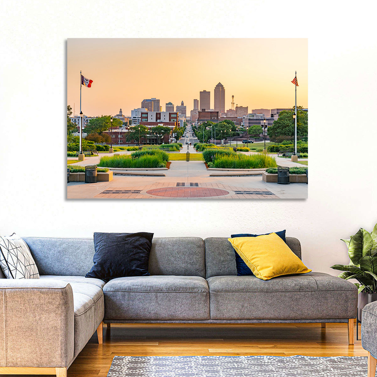 Des Moines Golden Hour Skyline Wall Art in a room, landscape