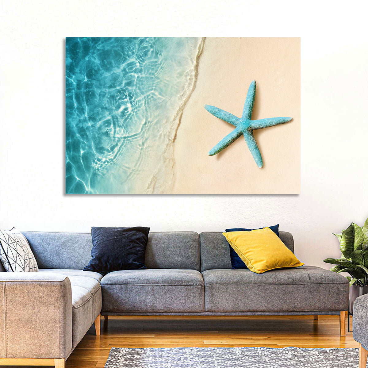 Blue Starfish on Sandy Beach Wall Art in a room, landscape