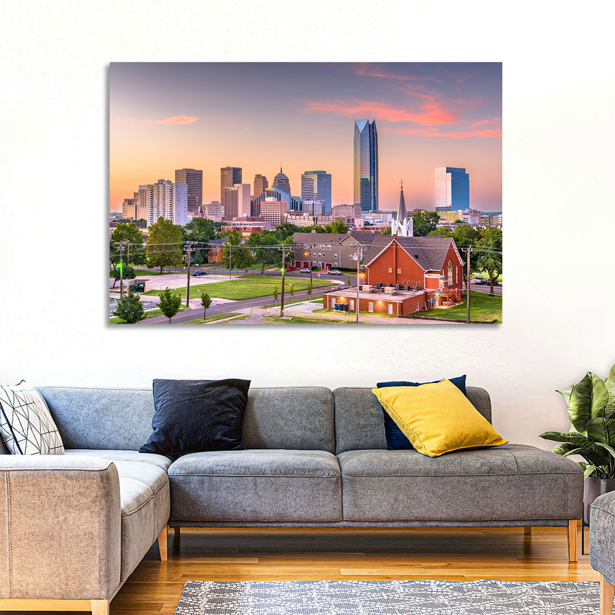 Oklahoma City Golden Hour Skyline Wall Art in a room, landscape