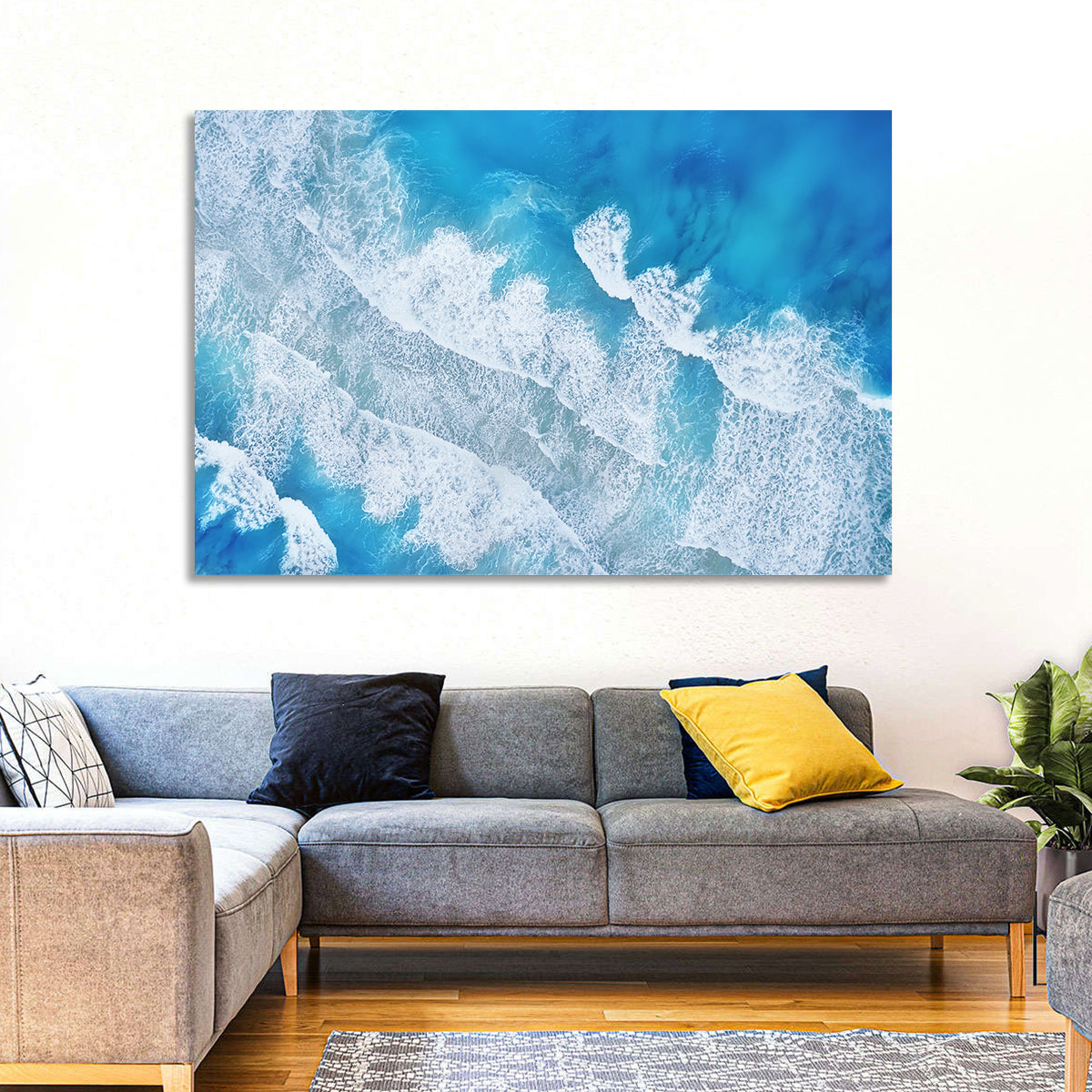 Aerial Turquoise Waves Wall Art in a room, landscape
