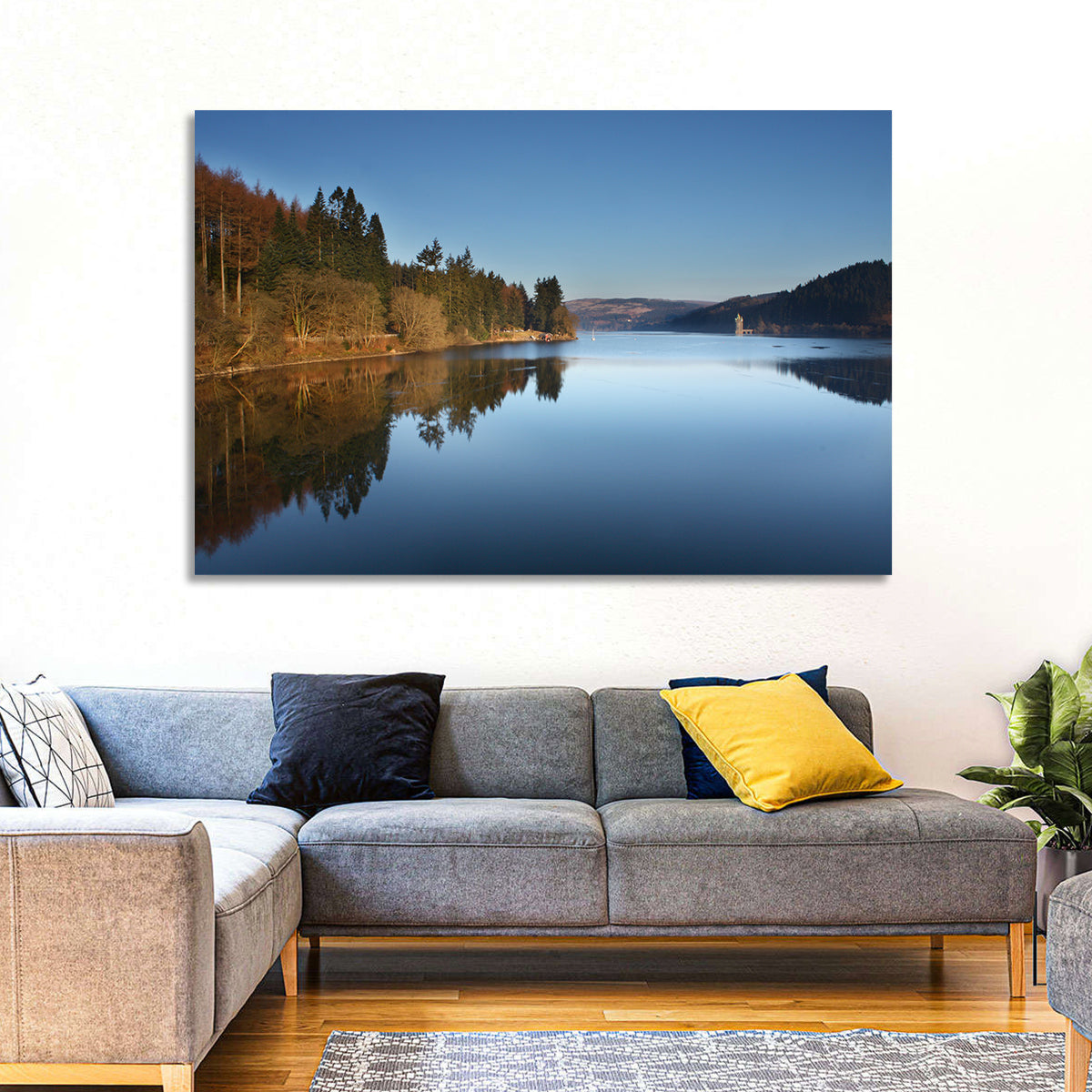 Lake Vyrnwy Golden Hour Reflection Wall Art in a room, landscape