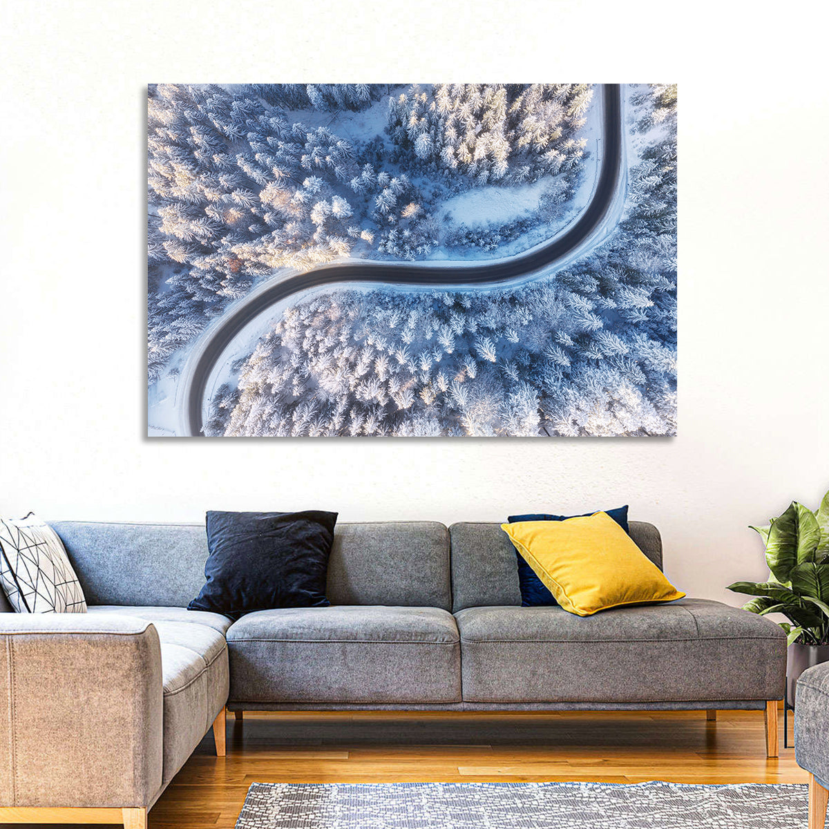 Winding Snow-covered Forest Road Wall Art in a room, landscape