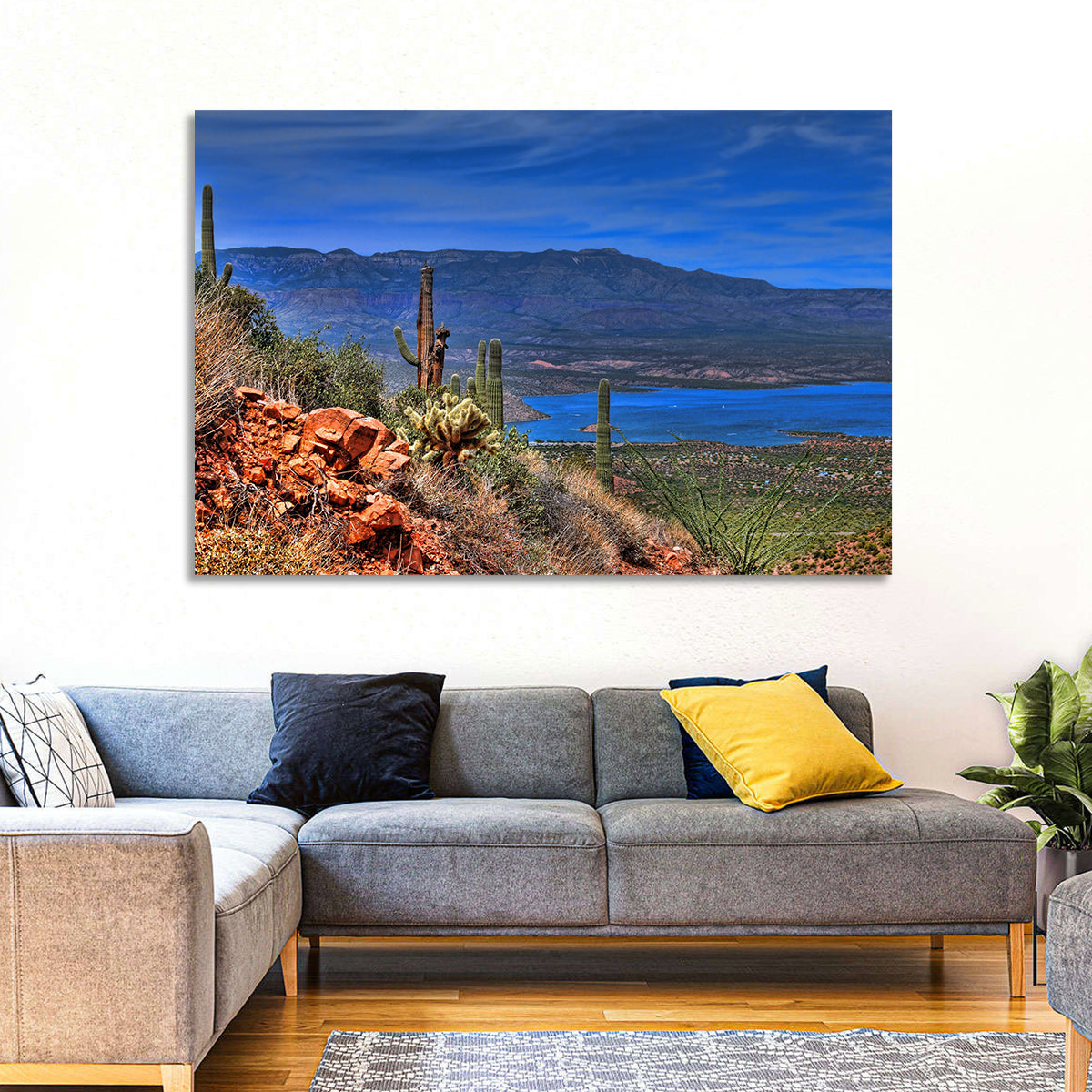 Roosevelt Lake Saguaro Vista Wall Art in a room, landscape