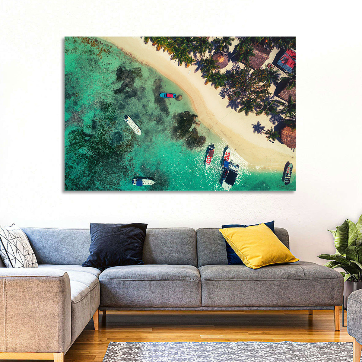 Aerial Tropical Shoreline with Six Boats Wall Art