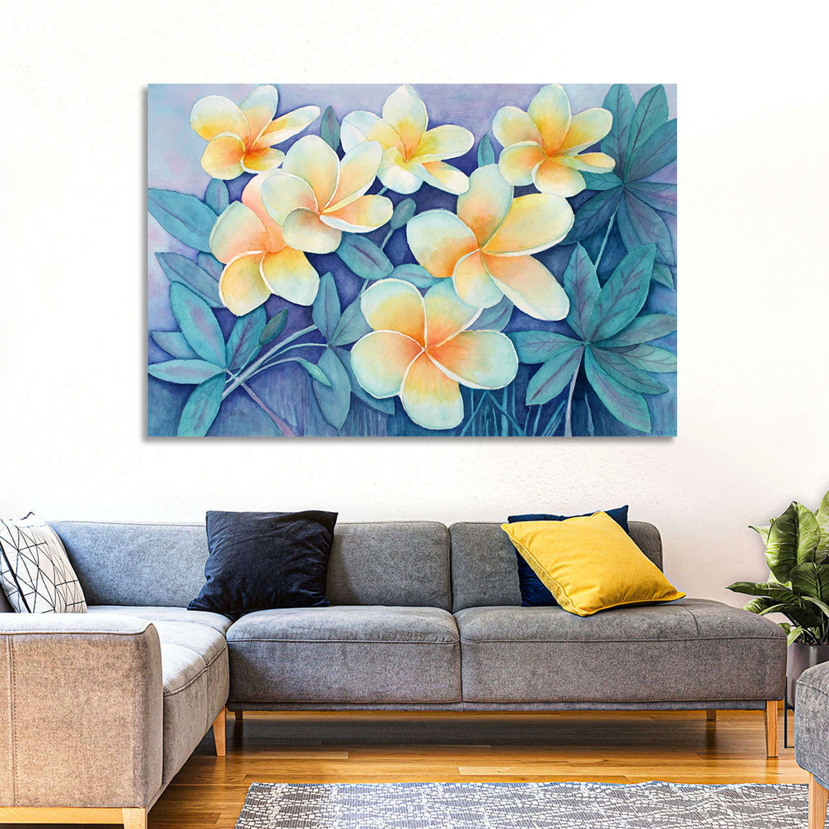 Watercolor Frangipani Cluster Wall Art in a room, landscape