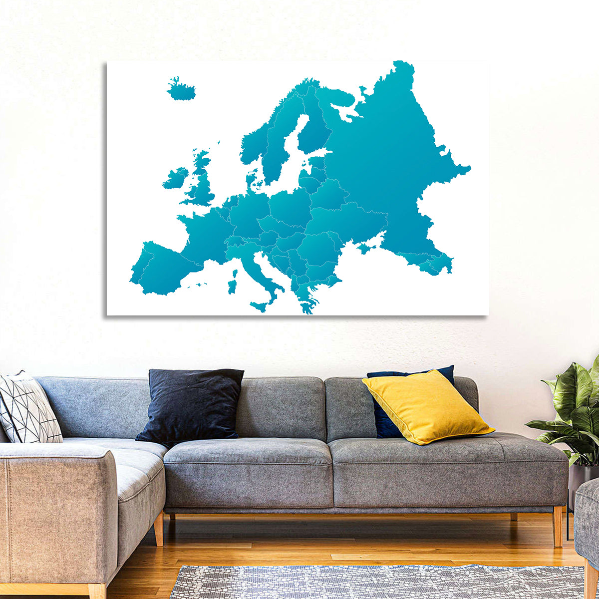 Teal Gradient Europe Map Wall Art in a room, landscape