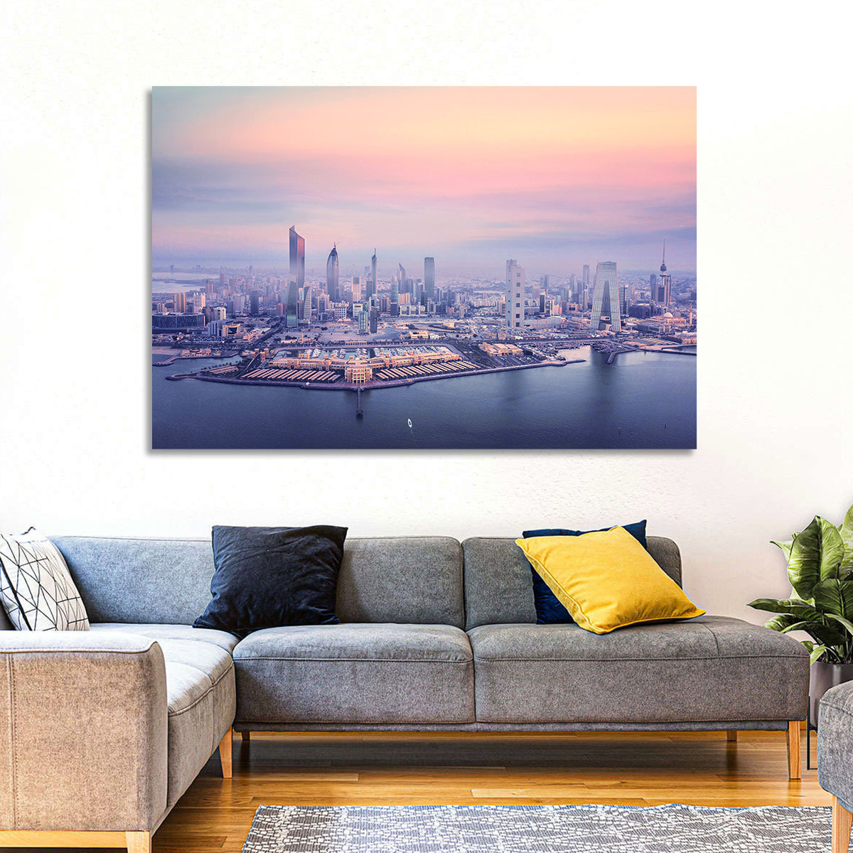 Kuwait City Twilight Skyline Wall Art in a room, landscape