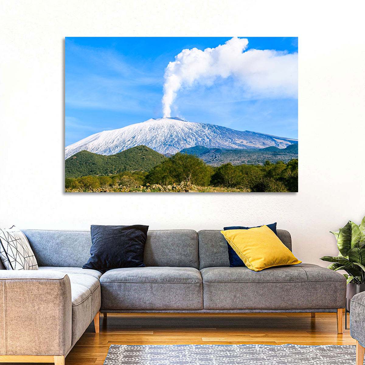 Snow-capped Mount Etna with Volcanic Plume Wall Art