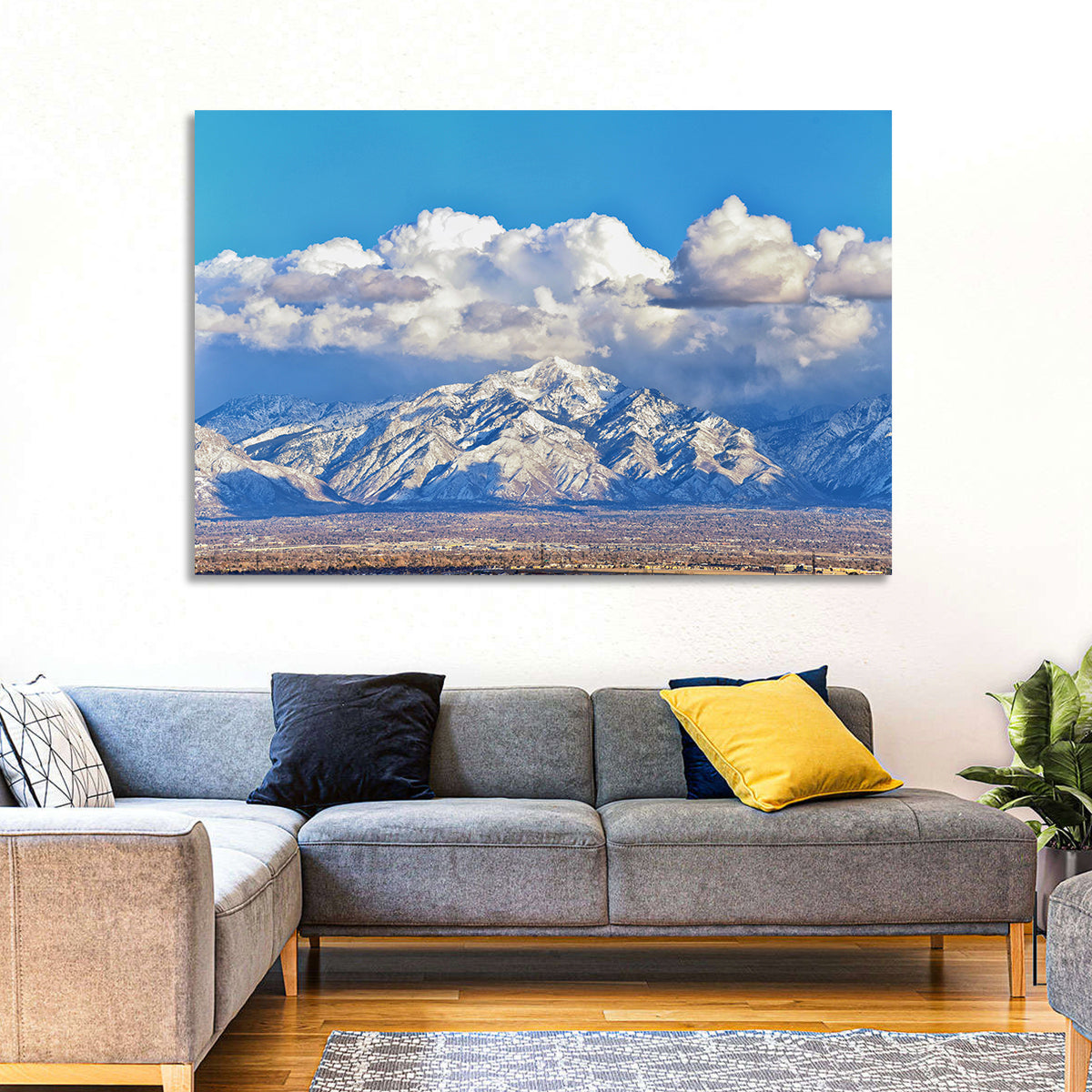 Wasatch Snow Capped Peaks Wall Art in a room, landscape