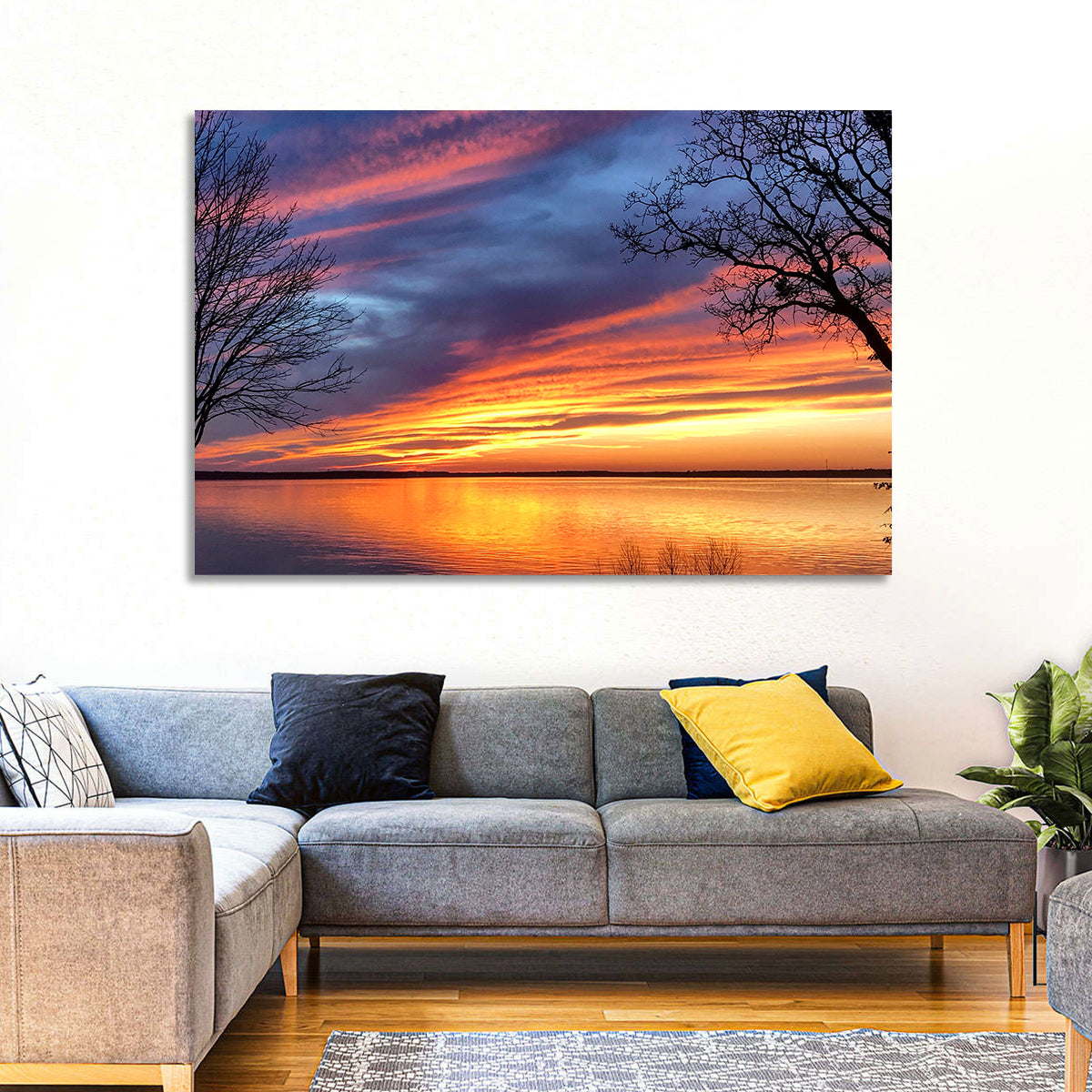 Lake Texoma Sunset Wall Art in a room, landscape