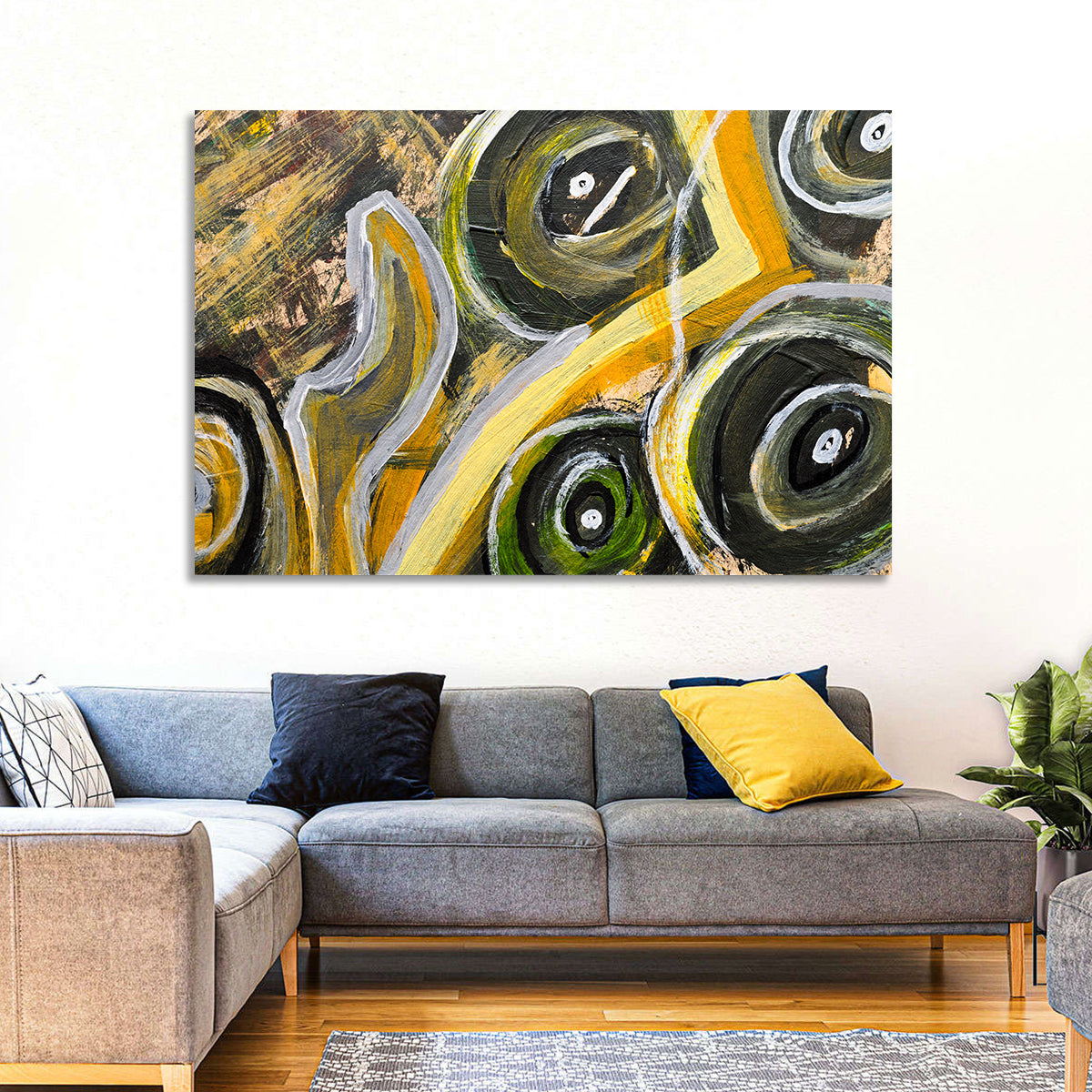 Impasto Swirl Circles in Yellow and Black Wall Art in a room, landscape