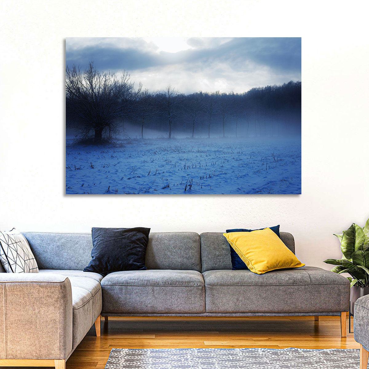 Snowy Italian Countryside Wall Art in a room, landscape