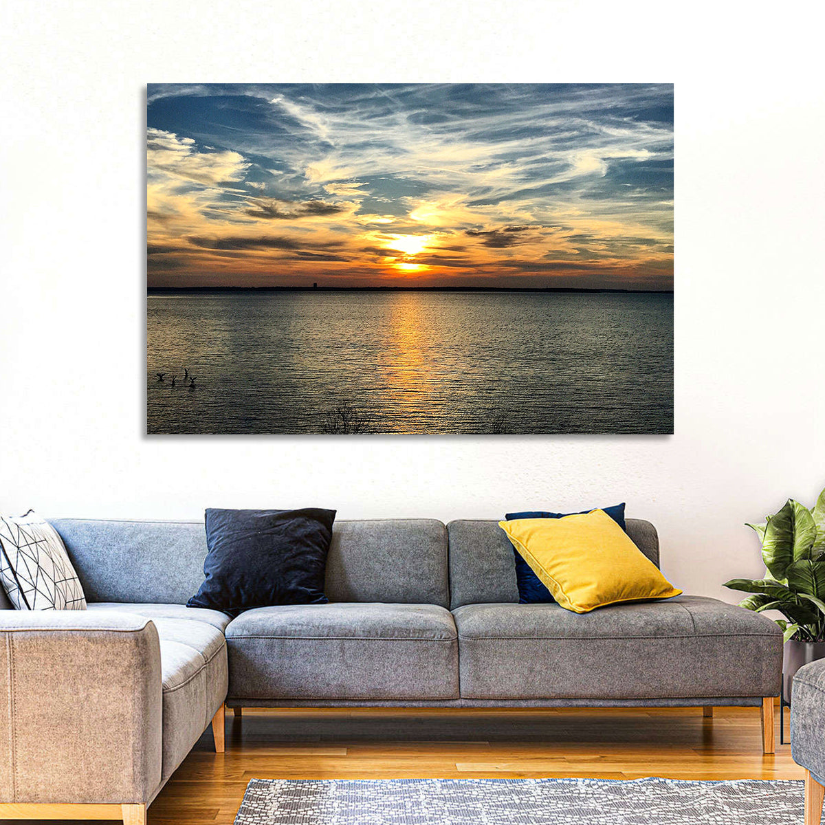 Texoma Lake Sunset Wall Art in a room, landscape