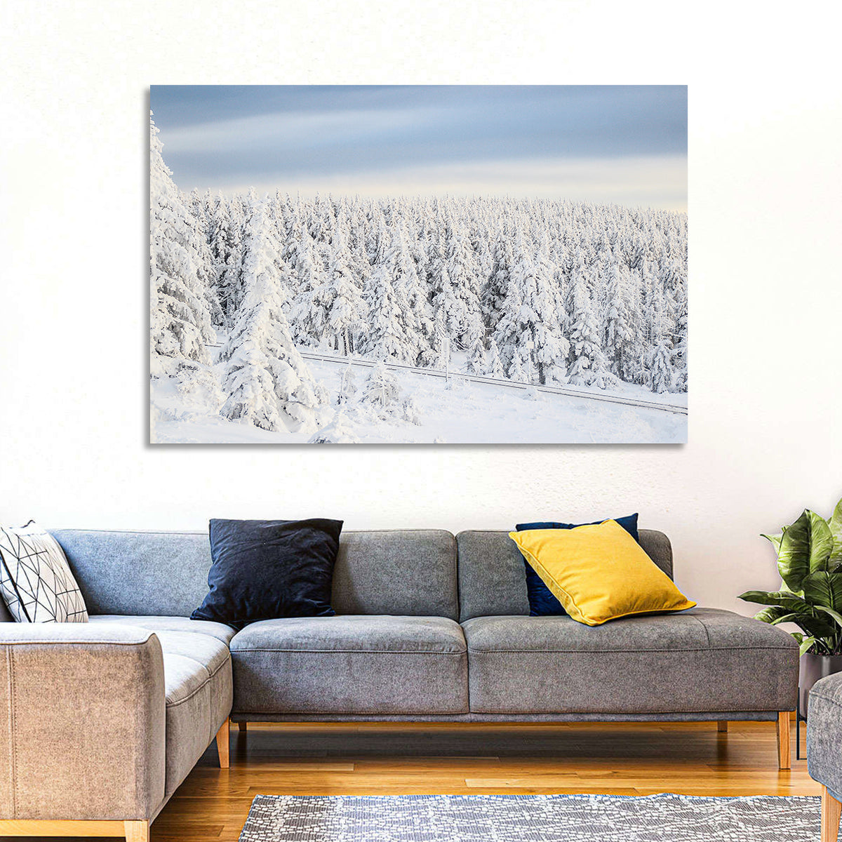 Snowy Forest Railway Tracks Wall Art in a room, landscape