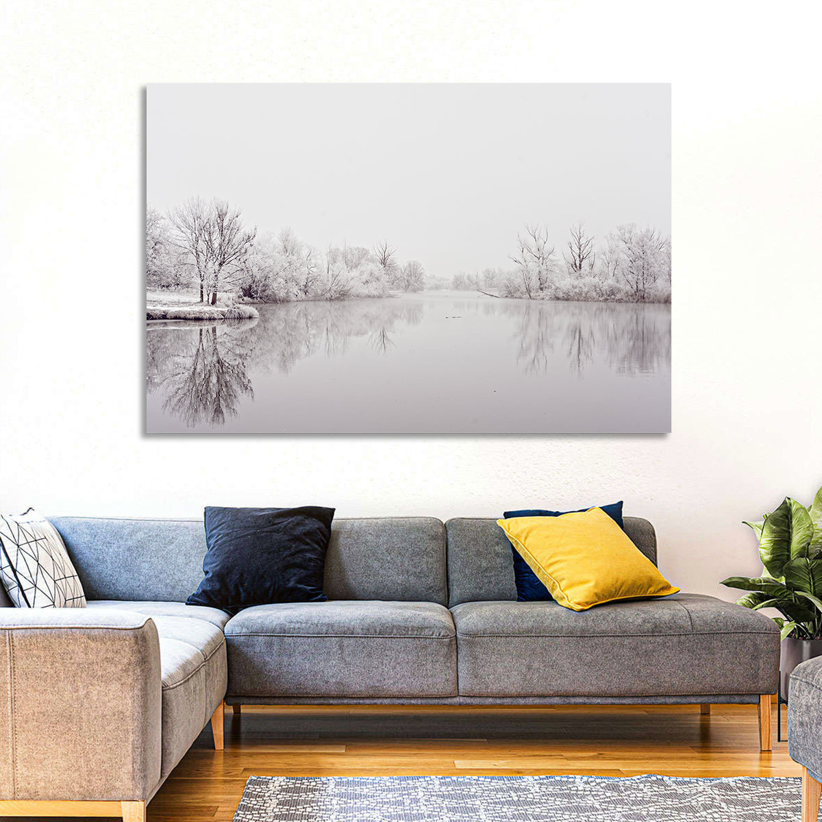 Frozen River Reflection in Winter Fog Wall Art in a room, landscape