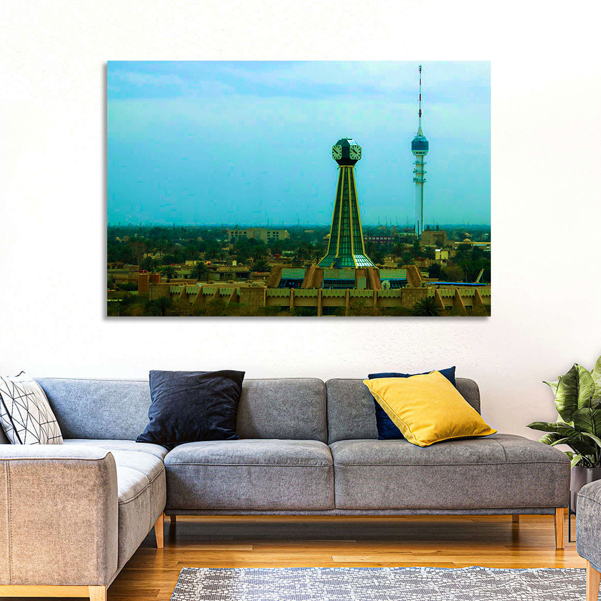 Baghdad Clock Tower Cityscape Wall Art in a room, landscape