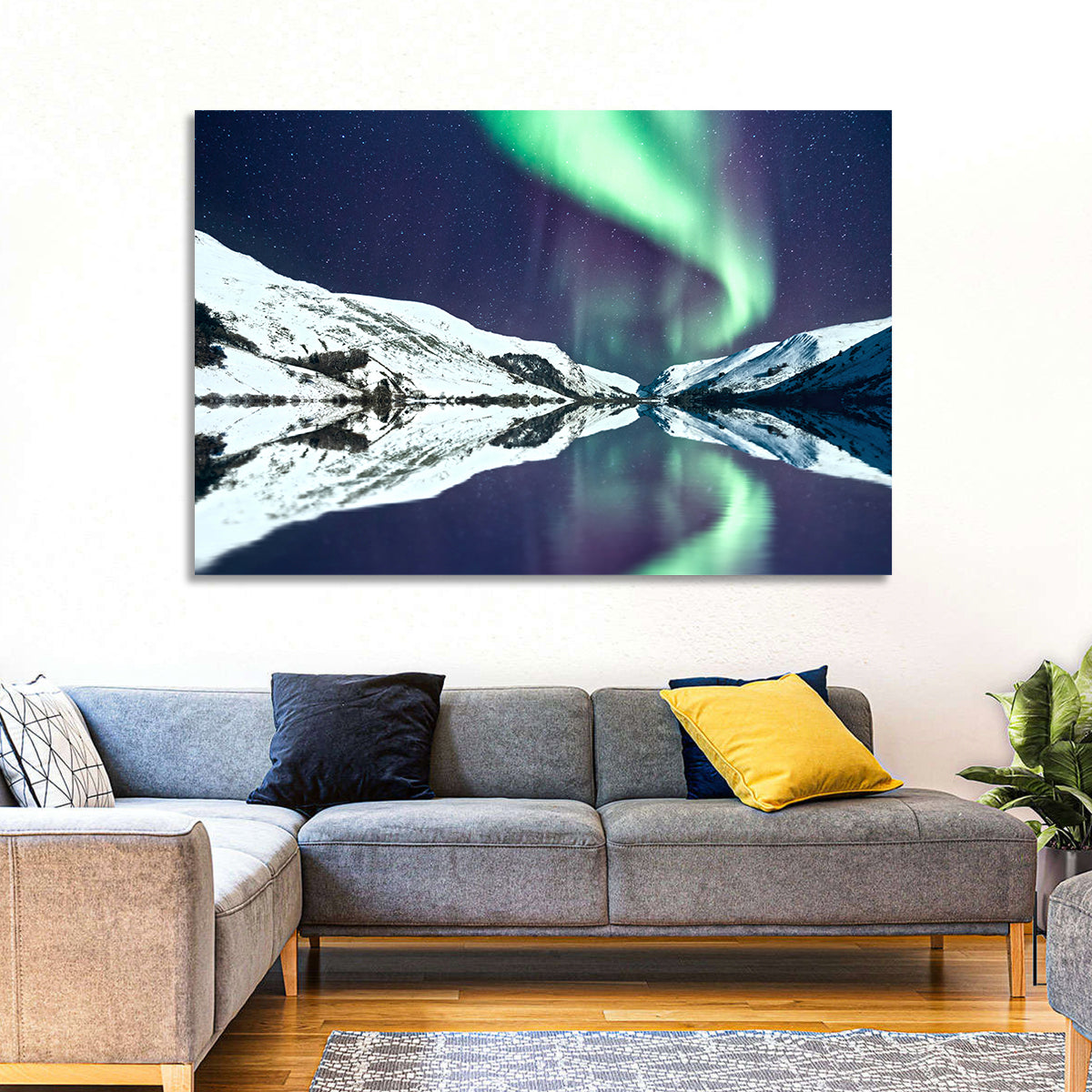 Emerald Aurora Over Mirror Lake Wall Art in a room, landscape