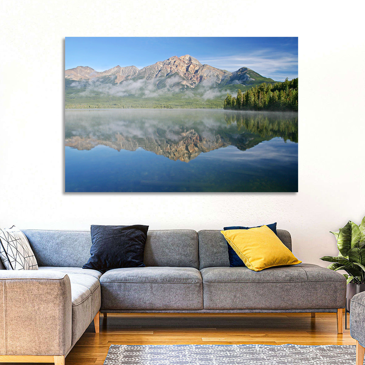 Pyramid Mountain Reflection Wall Art in a room, landscape