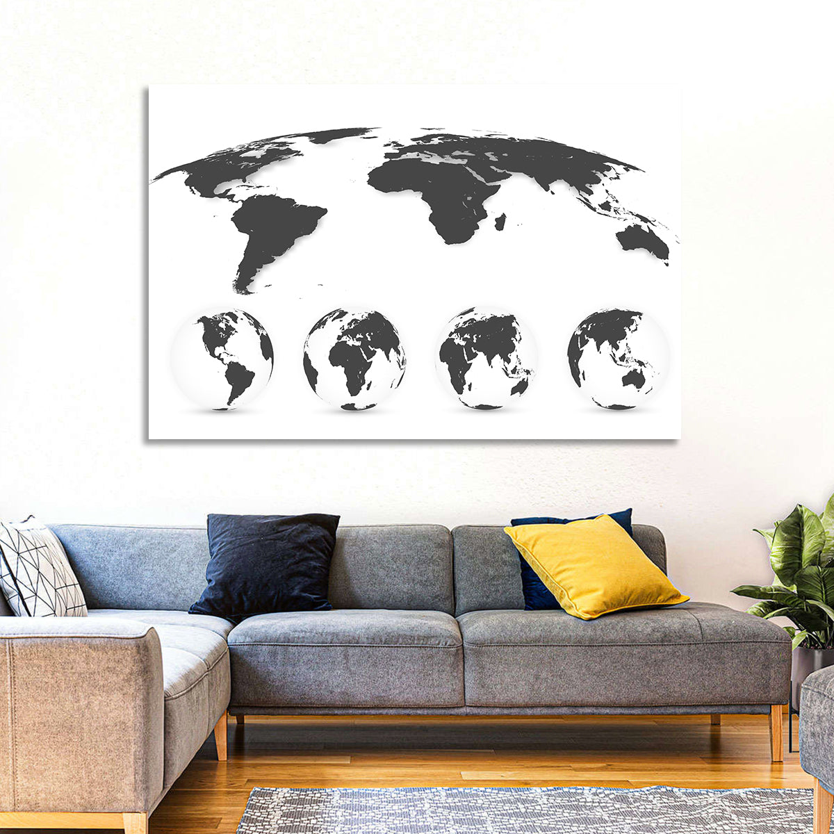 Stylized World Map and Globe Icons Wall Art in a room, landscape