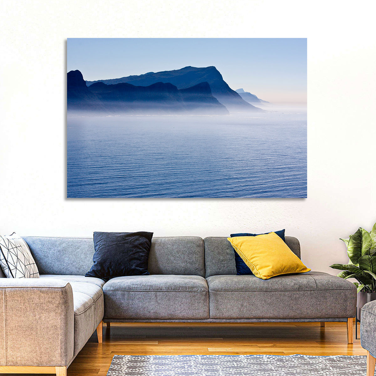 Misty Coastal Cliffs and Mountain Layers Wall Art in a room, landscape