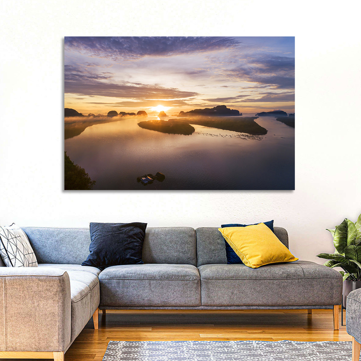 Phang Nga Bay Sunrise Wall Art in a room, landscape