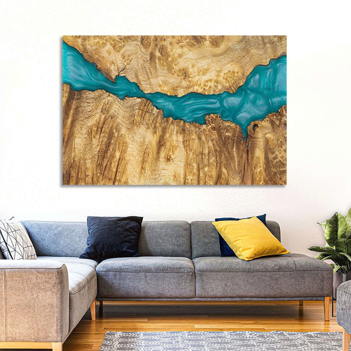 Burled Wood River with Teal Resin Wall Art in a room, landscape