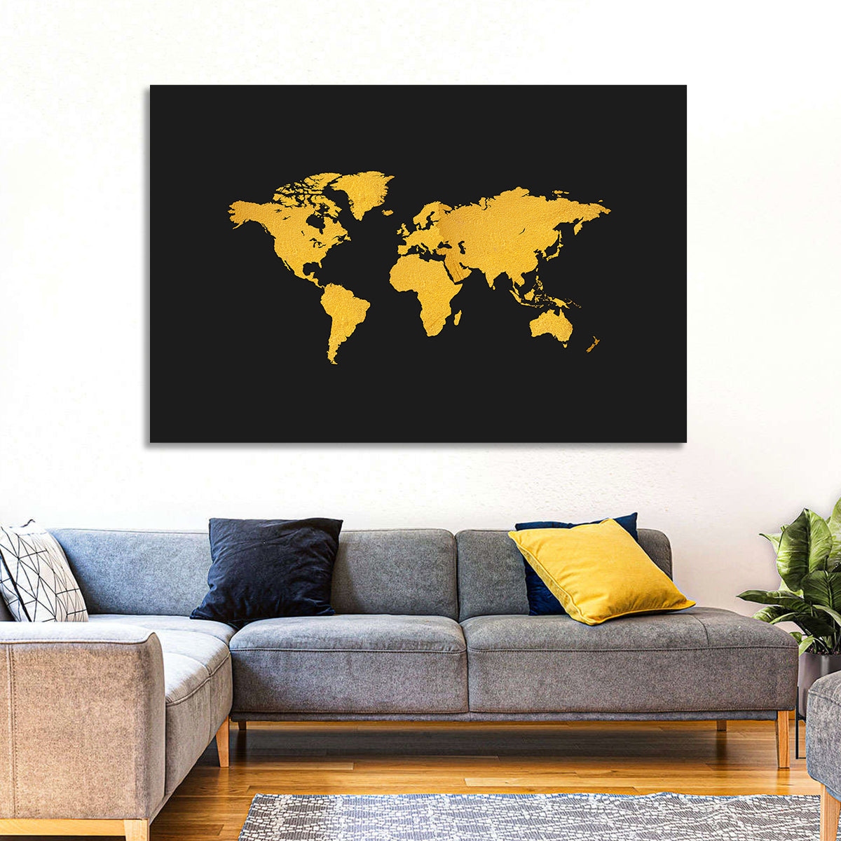 Gold Texture World Map Wall Art in a room, landscape