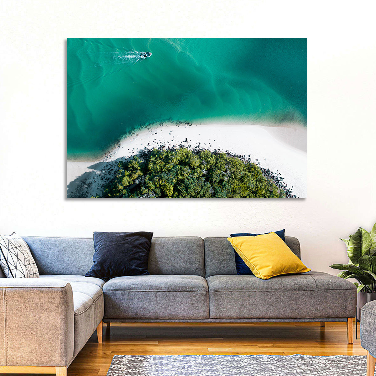 Clam Beach Aerial View Wall Art in a room, landscape