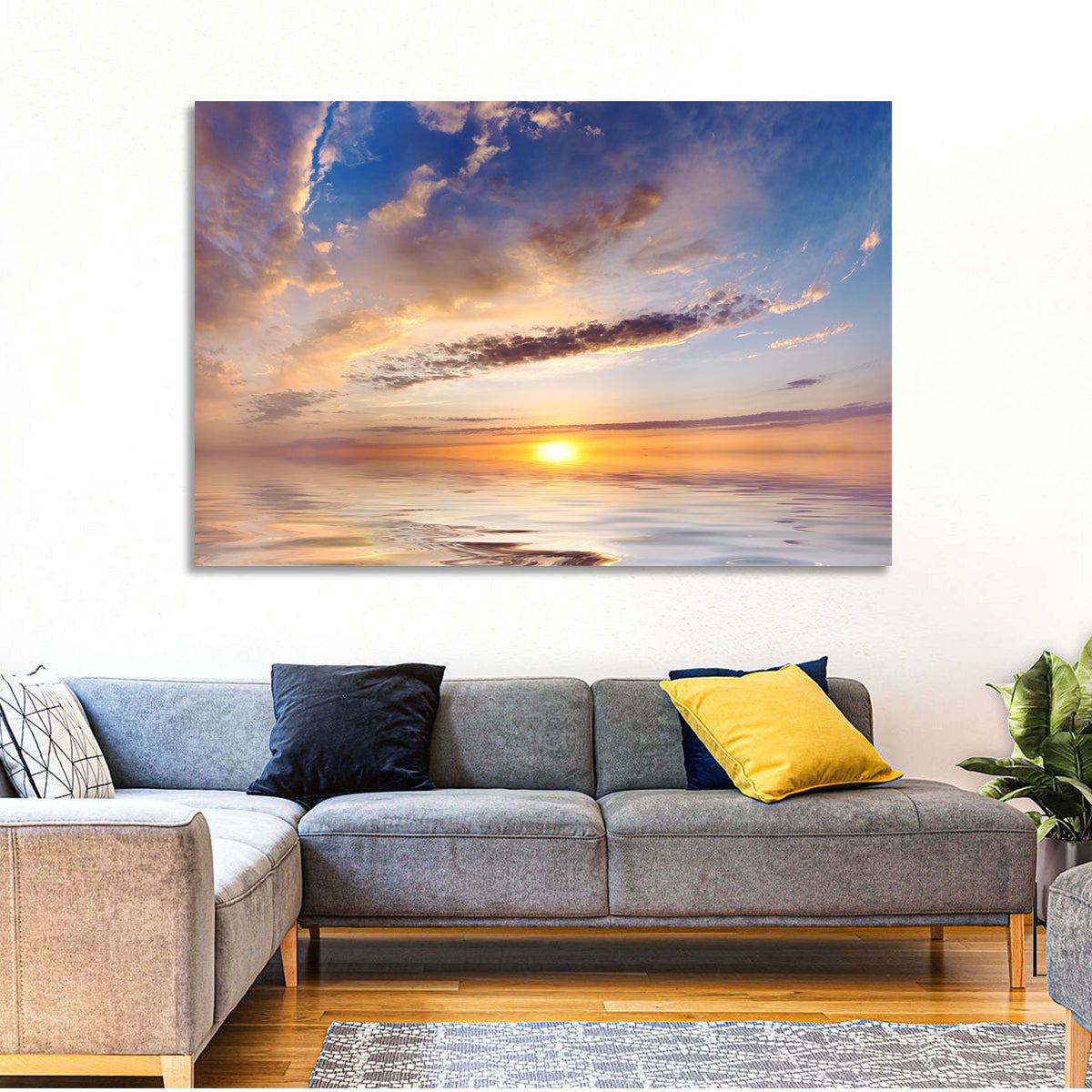 Sunlit Clouds Over Calm Sea Wall Art in a room, landscape