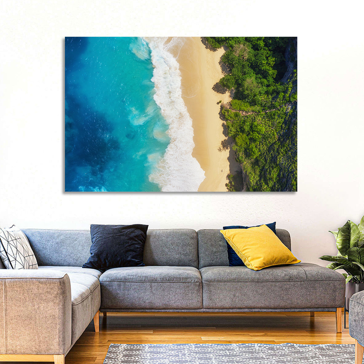 Aerial Turquoise Beach View Wall Art in a room, landscape
