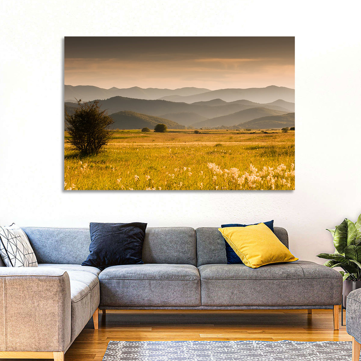 Golden Hour Countryside Hills Wall Art in a room, landscape