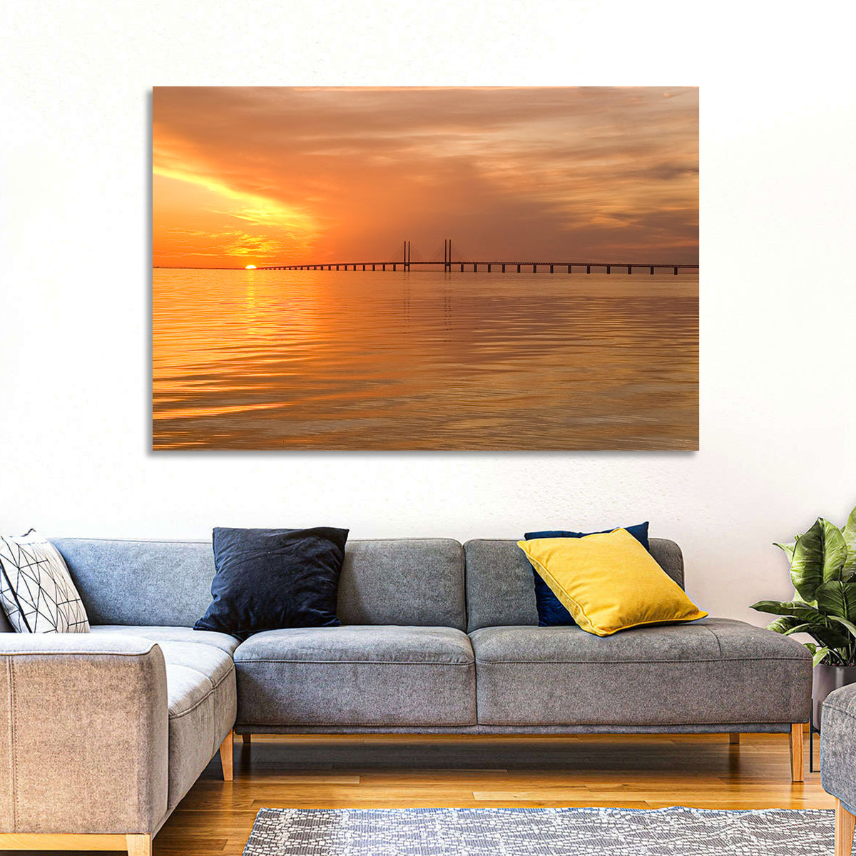 Øresund Bridge in Golden Light Wall Art in a room, landscape