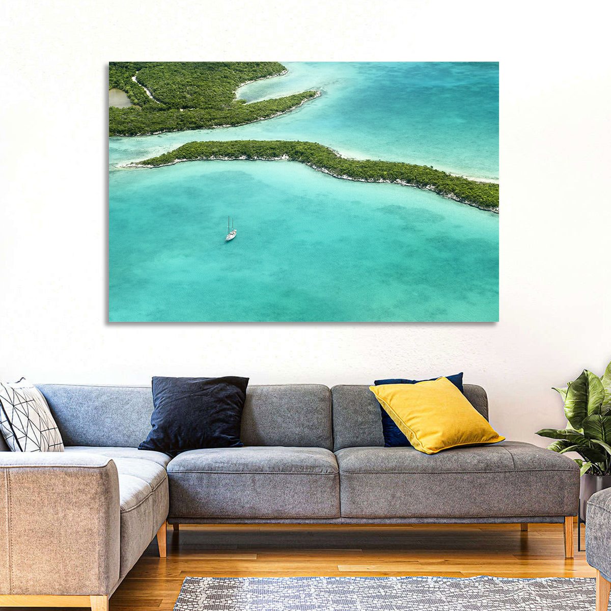 Turquoise Bahamas Islands Wall Art in a room, landscape