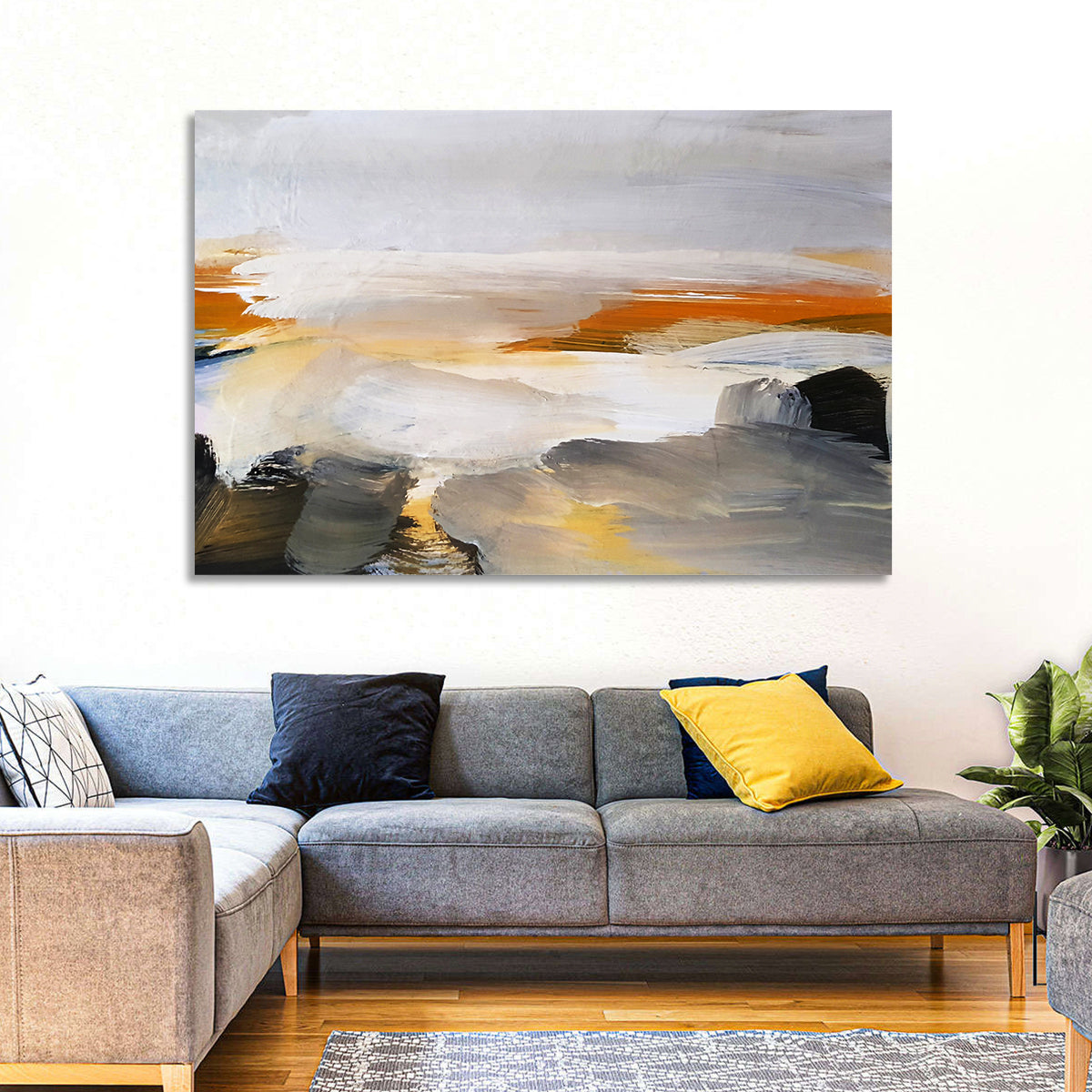 Misty Coastal Horizon Wall Art in a room, landscape