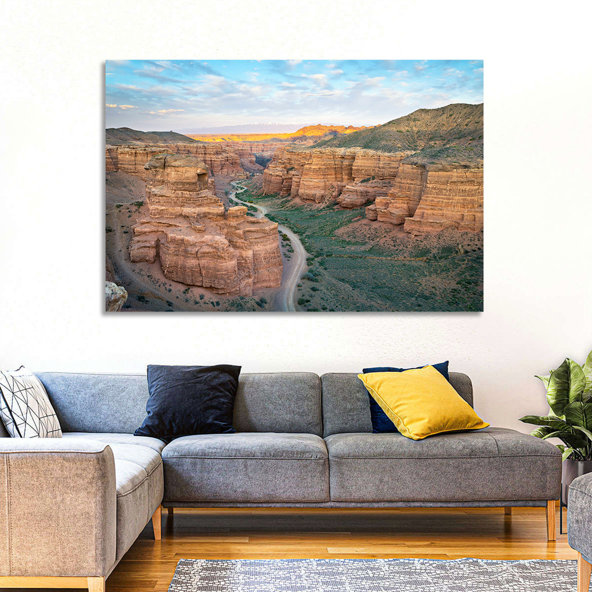 Charyn Canyon at Golden Hour Wall Art in a room, landscape