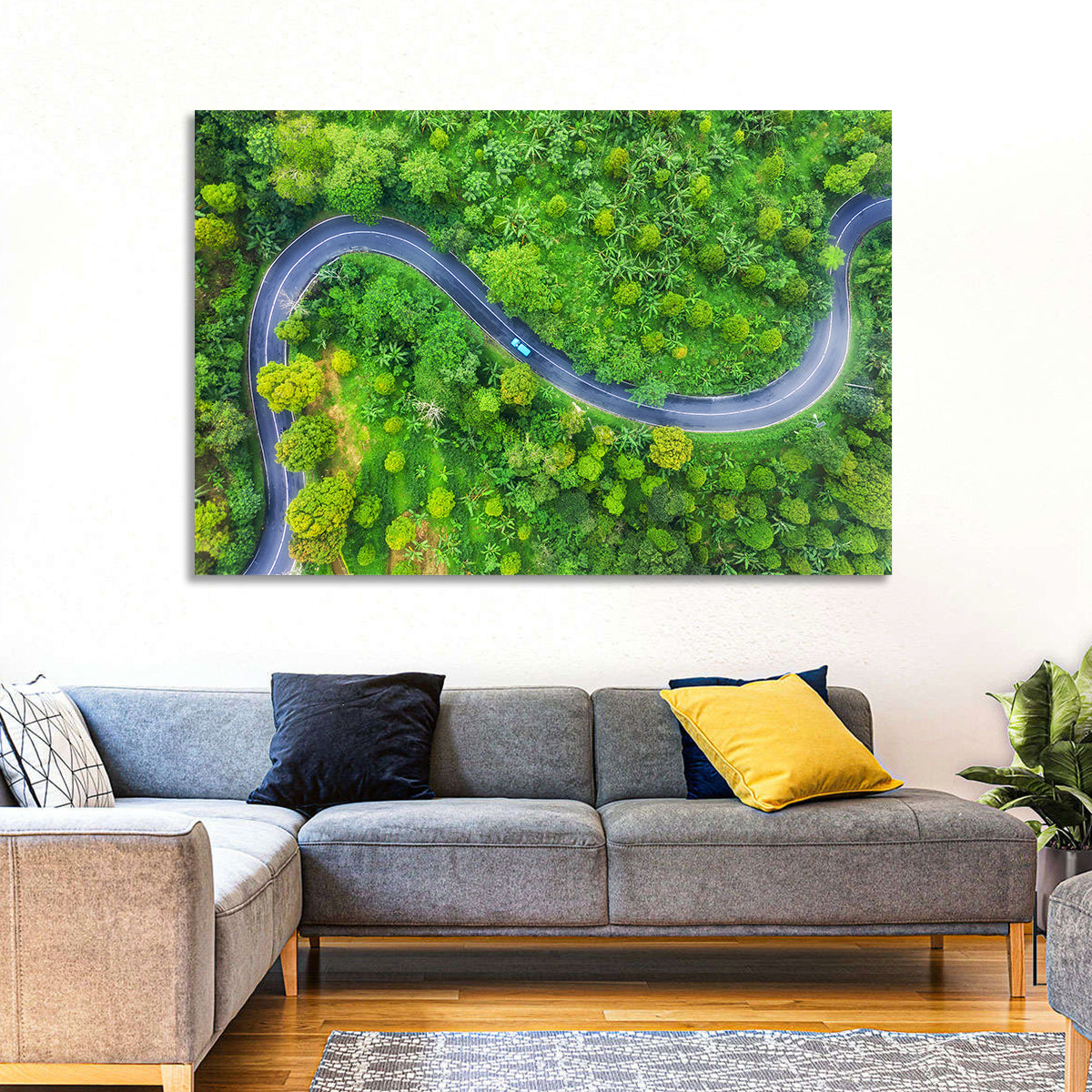Blue Car on Summer Forest Road Wall Art in a room, landscape