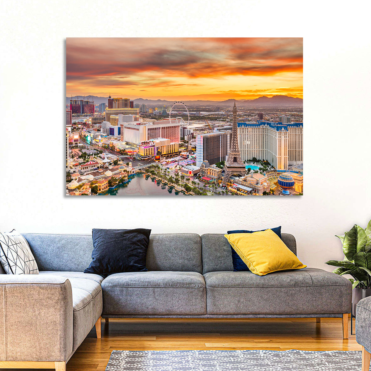Las Vegas Strip Sunset Cityscape Wall Art in a room, landscape