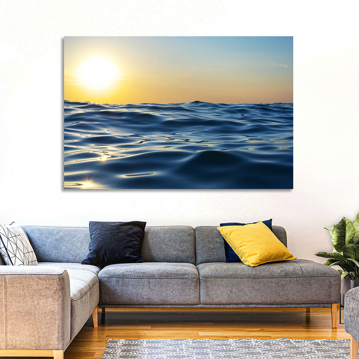 Sunset Over Calm Waves Wall Art in a room, landscape