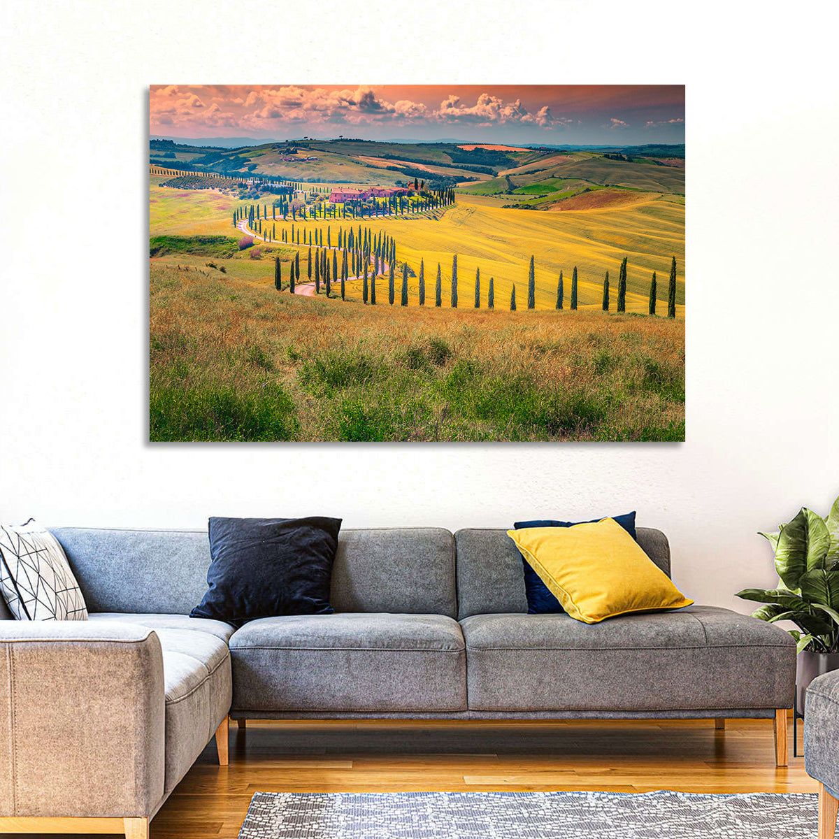 Val D'orcia Cypress Road Wall Art in a room, landscape