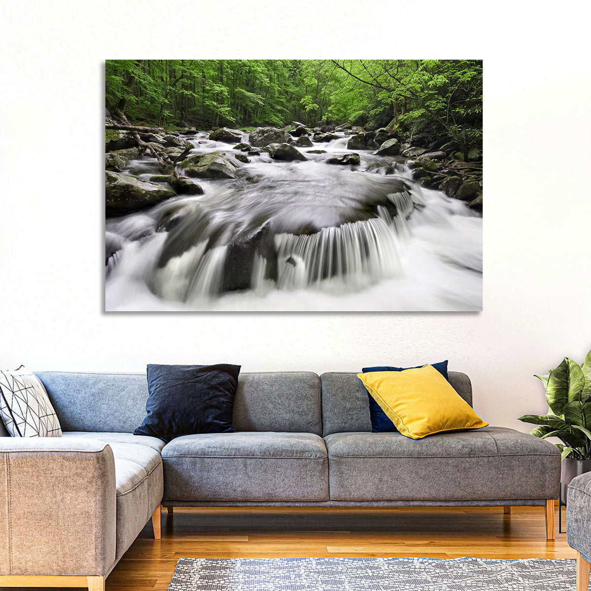 Smoky Mountains Cascading Stream Wall Art in a room, landscape